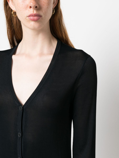 Tory Burch Viscose Cardigan With Long Cut And Ribbed Accents In Black