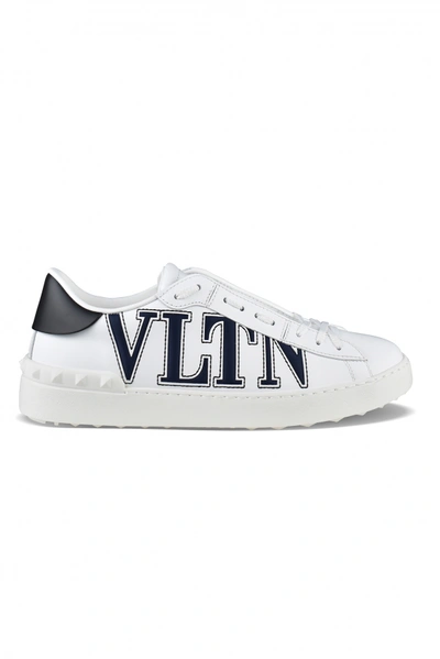 Shop Valentino Luxury Sneakers For Men    Open Sneakers In White Leather And Navy Blue Vltn