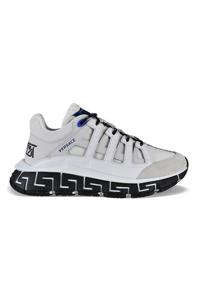 Shop Versace Men's Luxury Sneakers   Trigeca Sneakers In White Leather With Blue Details.
