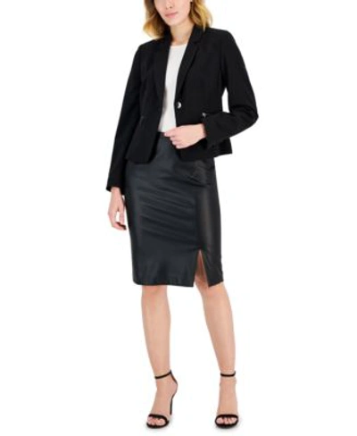 Shop Tahari Asl Womens Long Sleeve Zip Pocket Blazer Faux Leather Slit Front Pencil Skirt In Black