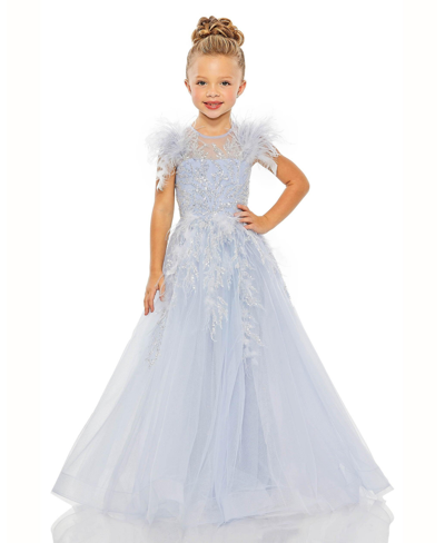 Shop Mac Duggal Little Girls Feather Detail Sleeve Glitter Tulle Dress In Ice Blue