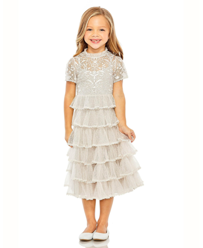 Shop Mac Duggal Little Girls High Neck Embroidered Short Sleeve Midi Dress In Ivory