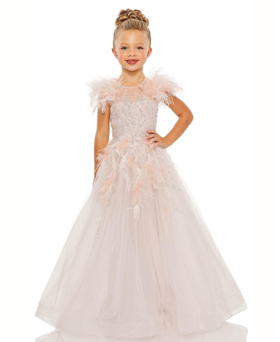 Shop Mac Duggal Little Girls Feather Detail Sleeve Glitter Tulle Dress In Rose Pink
