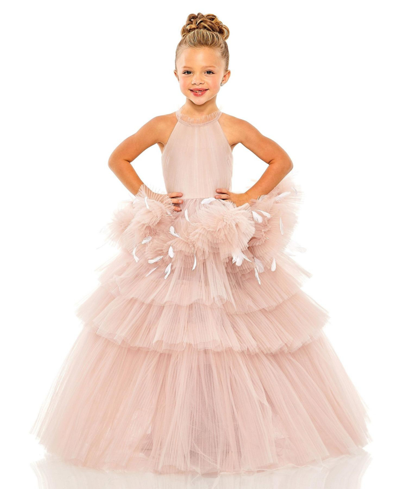 Shop Mac Duggal Little Girls High Neck Tulle Dress With Feather Detail In Rose