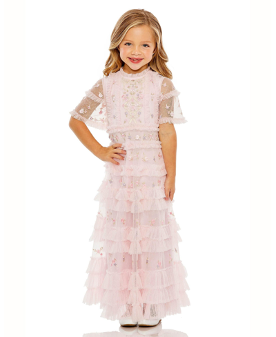 Shop Mac Duggal Little Girls Flutter Sleeve Lace Dress In Rose Multi