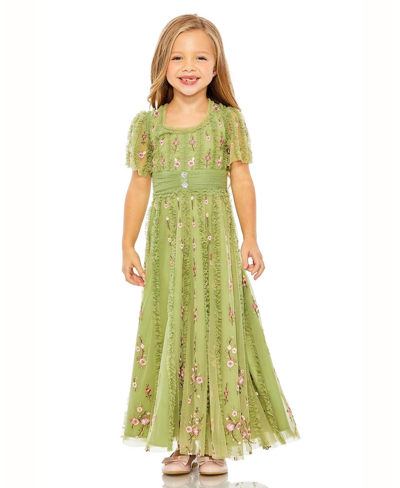 Shop Mac Duggal Big Girls Ruffle Flutter Sleeve Floral Long Dress In Moss Green