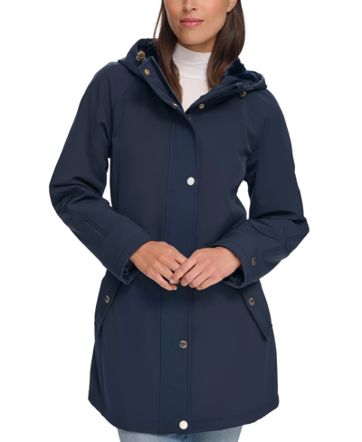 Shop Tommy Hilfiger Women's Hooded Belted Softshell Raincoat In Navy