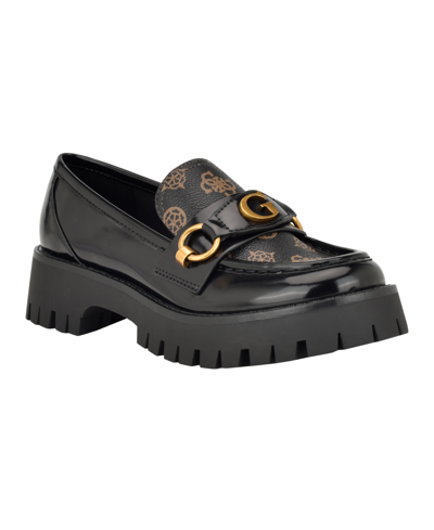 Shop Guess Women's Almost Slip-on Lug Sole Round Toe Bit Loafer In Black Logo Manmade