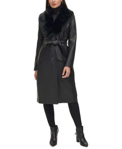 Shop Kenneth Cole Women's Faux-fur-trim Faux-leather Coat In Black