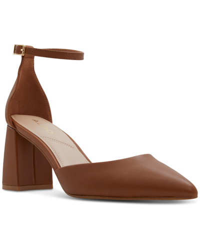 Shop Aldo Women's Jan Pointed-toe Ankle-strap Block-heel Pumps In Cognac Leather