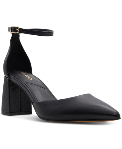 Shop Aldo Women's Jan Pointed-toe Ankle-strap Block-heel Pumps In Black Leather