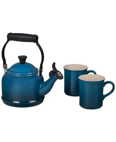 Shop Le Creuset 3 Piece Demi Kettle And Stoneware Coffee Mug Set In Blue