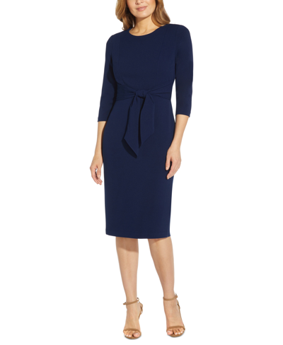 Shop Adrianna Papell Women's Tie-front 3/4-sleeve Crepe Knit Dress In Navy Sateen