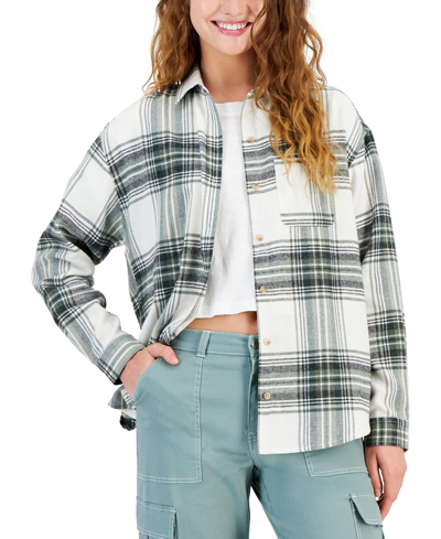 Shop Just Polly Juniors' Plaid Button-down Top In Ivory Grey Black
