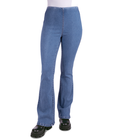 Shop Indigo Rein Juniors' Curvy Pull-on Flare-leg Jeans In Med Blue