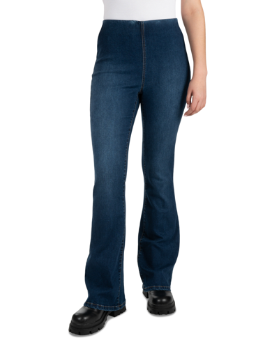 Shop Indigo Rein Juniors' Curvy Pull-on Flare-leg Jeans In Dark Blue