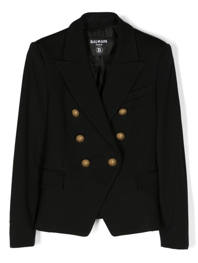 Shop Balmain Embossed-button Double-breasted Blazer In Black