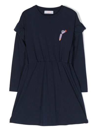 Shop There Was One Logo-print Ruffled Cotton Dress In Blue
