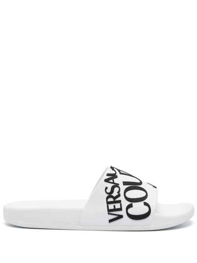 Shop Versace Jeans Couture Logo-print Slip-on Slides In White