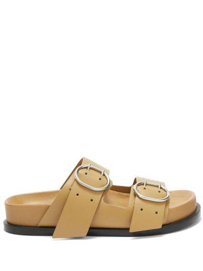 Shop Jil Sander Buckle Leather Flat Sandals In Brown