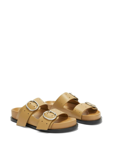 Shop Jil Sander Buckle Leather Flat Sandals In Brown