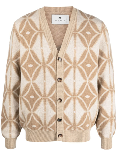 Shop Etro Patterned-jacquard Wool Cardigan In Neutrals