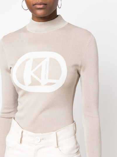 Shop Karl Lagerfeld Flocked Ribbed-knit Logo Jumper In Neutrals
