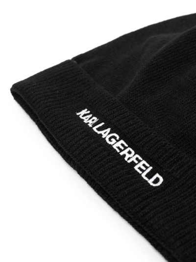 Shop Karl Lagerfeld Logo-embroidered Ribbed-knit Beanie In Black