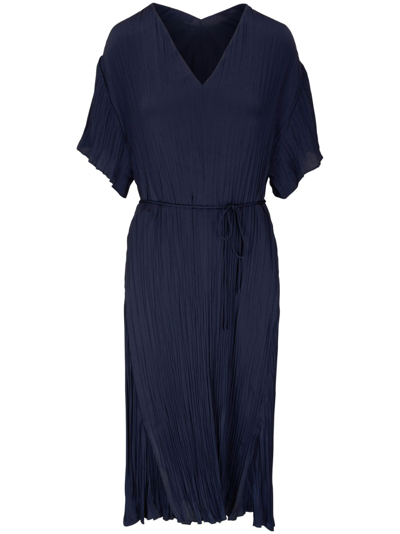 Shop Vince V-neck Pleated Dress In Blue