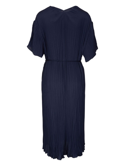 Shop Vince V-neck Pleated Dress In Blue