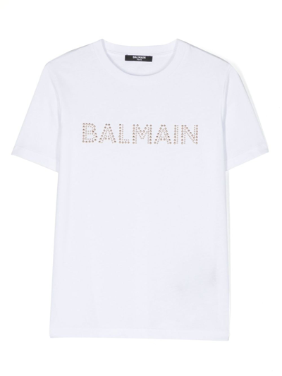 Shop Balmain Stud-embellished Logo Cotton T-shirt In White