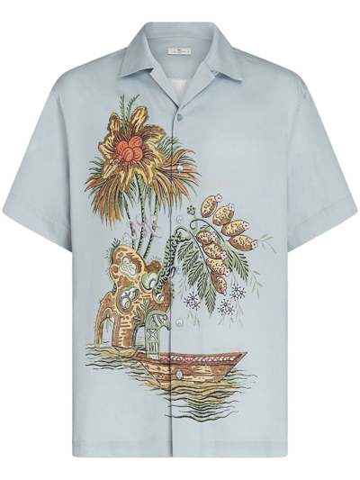 Shop Etro Embroidered Short-sleeve Cotton Shirt In Blue