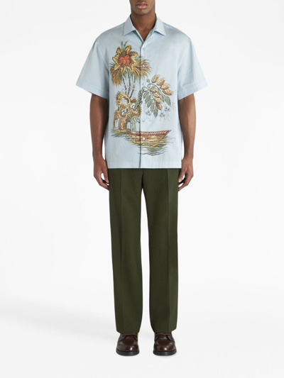 Shop Etro Embroidered Short-sleeve Cotton Shirt In Blue