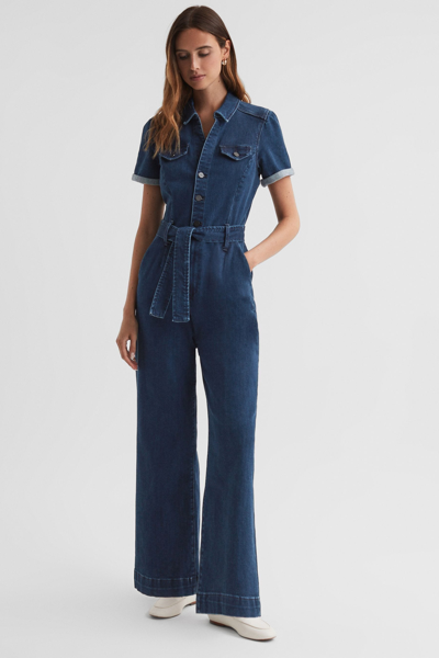 Paige Anessa Short Sleeve Denim Jumpsuit In Blue