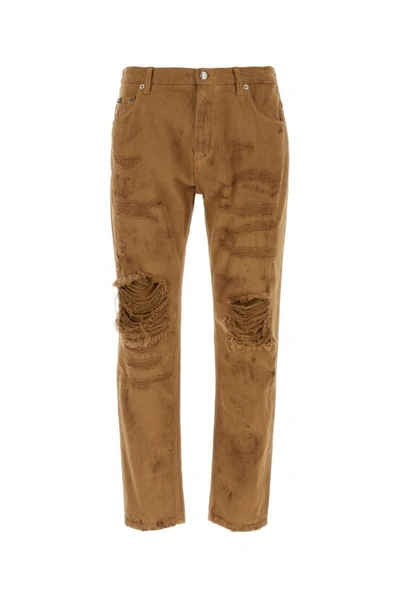 Shop Dolce & Gabbana Man Biscuit Stretch Denim Jeans In Brown