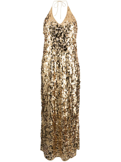 Shop Oseree Night Sequins Long Dress In Gold
