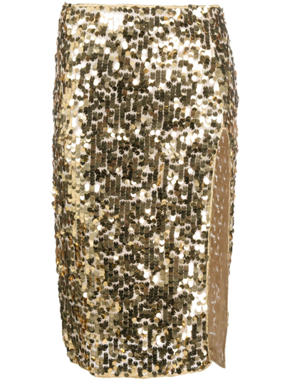 Shop Oseree Night Sequins Midi Skirt In Gold