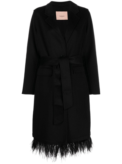 Shop Twinset Single Breasted Coat With Belt In Black