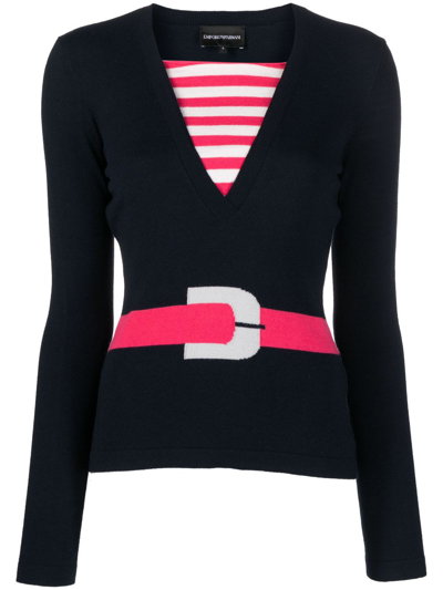 Shop Emporio Armani Striped Sweater With Belt Printing In Navy Blue