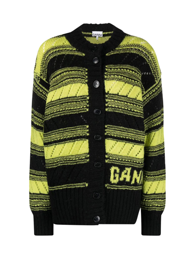Shop Ganni Organic Wool Cardigan - Striped In Black