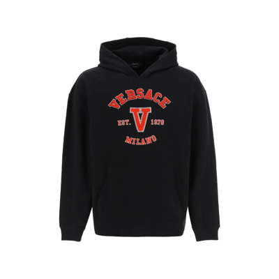 Versace Hooded Cotton Logo Sweatshirt In Black