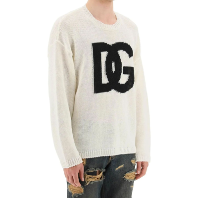 Shop Dolce & Gabbana Linen Logo Sweater In White