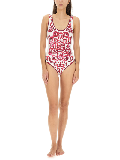 Shop Dolce & Gabbana One Piece Swimsuit With Majolica Print In Fucsia