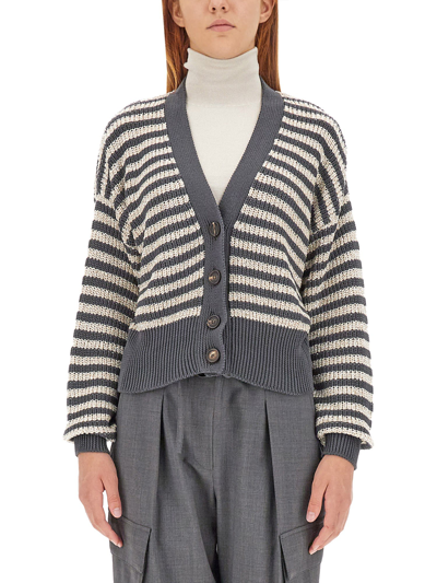 Shop Brunello Cucinelli Striped Cardigan In Grigio