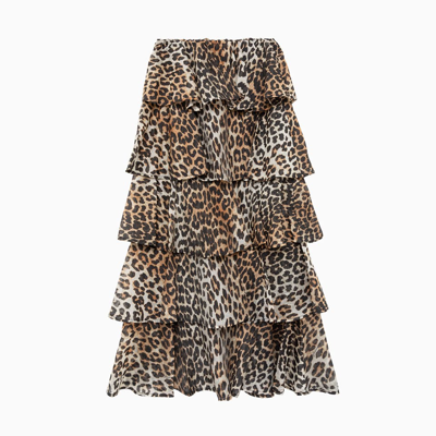 Shop Ganni Sheer Maxi Flounce Skirt With Ruffles In Almond