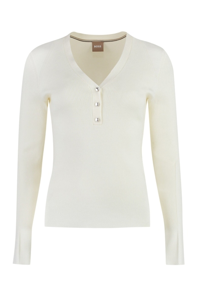Shop Hugo Boss Ribbed Sweater In White