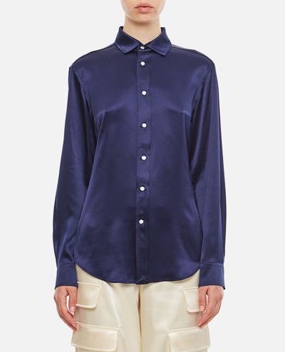 Shop Polo Ralph Lauren Long Sleeve Button Front Silk Shirt In Blue
