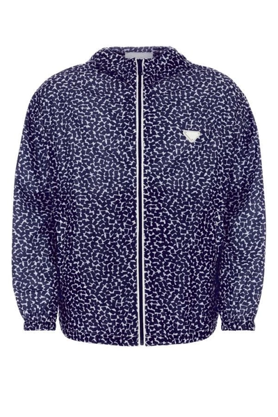 Prada Chest Placement Patterned Lightweight Windbreaker In Blue