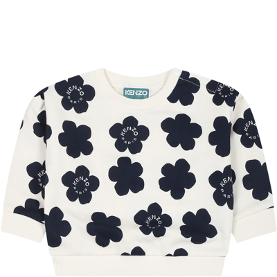 Shop Kenzo Ivory Sweatshirt For Baby Girl With Logo And Flowers