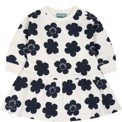 Shop Kenzo White Dress For Baby Girl With Logo And Flowers